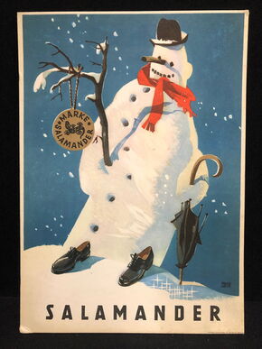 Salamander Werbepappe (30 x 21 cm) von Franz Weiss - Salamander Schneemann mit Schild Motiv (50er Jahre / selten)