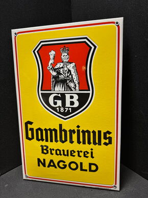 Gambrinus Bier Nagold - Emailschild 48 x 31 cm - D - um 1955