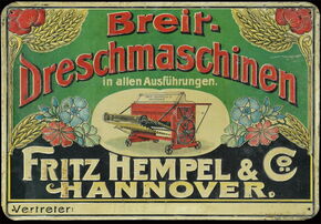 Fritz Hempel & Co. Hannover - Dreschmaschinen (Blechschild um 1905)