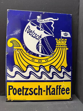 Poetzsch Kaffe (Emailschild, schwere Fertigung, abgekantet, dick schabloniert, Leipzig um 1910)