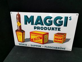 Maggis Produkte - Würze - Suppen - Fleischbrühe  (Emailleschild 80er Jahre / Reproduktion)