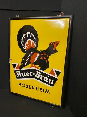 Auer-Bräu Rosenheim Bayern - Emailschild mit Auerhahn 63 x 47 cm - D um 1950