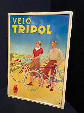 Velo Tripol - farbenfrohes altes Blechschild zum Thema Fahrrad um 1930
