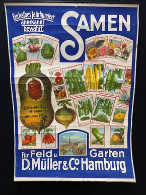 D. Müller & Co. Hamburg - Samen für Feld und Garten (Plakat mit Metallschienen / Um 1930)