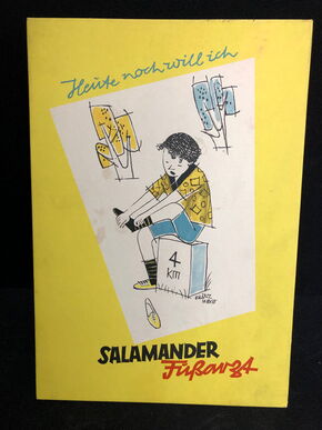 Salamander Werbepappe (26 x 18 cm) von Franz Weiss - Fußarzt Motiv gelb (50er Jahre / selten)