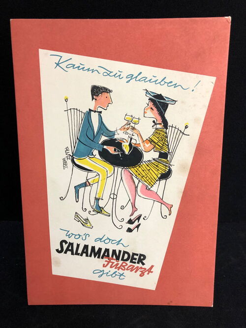 Salamander Werbepappe (26 x 18 cm) von Franz Weiss - Fußarzt Motiv rot (50er Jahre / selten)