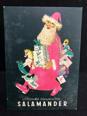 Salamander Werbepappe (15 x 10,5 cm) von Franz Weiss - Weihnachtsmann Motiv (50er Jahre / selten)