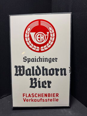 Spaichinger Waldhorn Bier Emailschild 48 x 31 cm - D um 1950