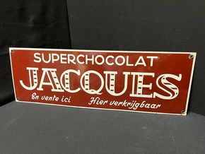 Jacques Superchocolat - En vente ici - Hier verkrijgbaar (Belgisches Emailleschild aus dem Jahr 1955)
